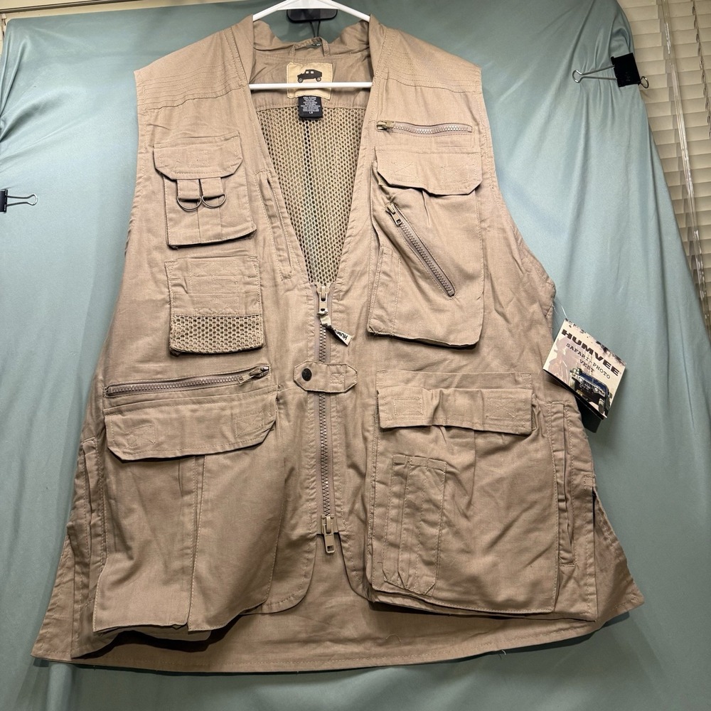 Humvee Safari Photo Fishing Hunting Khaki Tan Mens L Vest 21 Pockets NWT